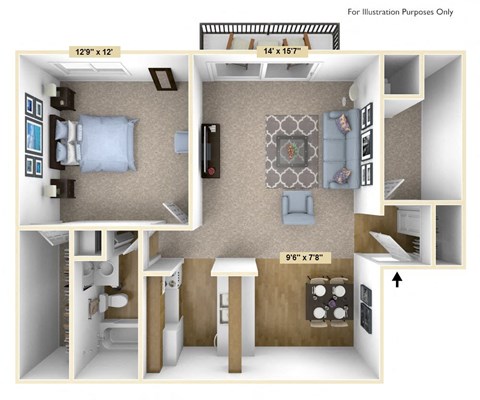 Floor plan for 1 bed, 1 bath, 760 sqft